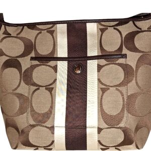 COACH Bag Signature Hamptons Weekender Brown Stripe Jacquard Canvas Shoulder EUC
